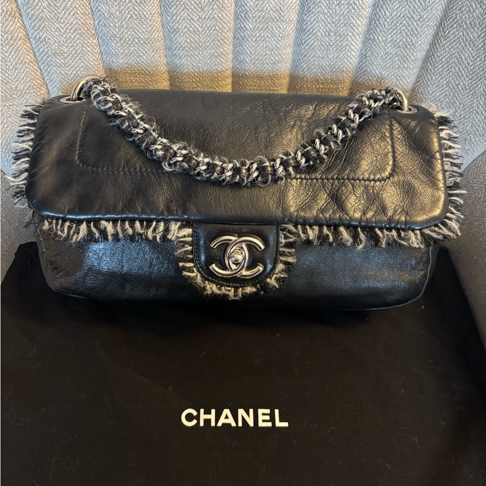 SOLD CHANEL Funny Tweed Slouchy Flap Lambskin Turnlock Chain Strap Black